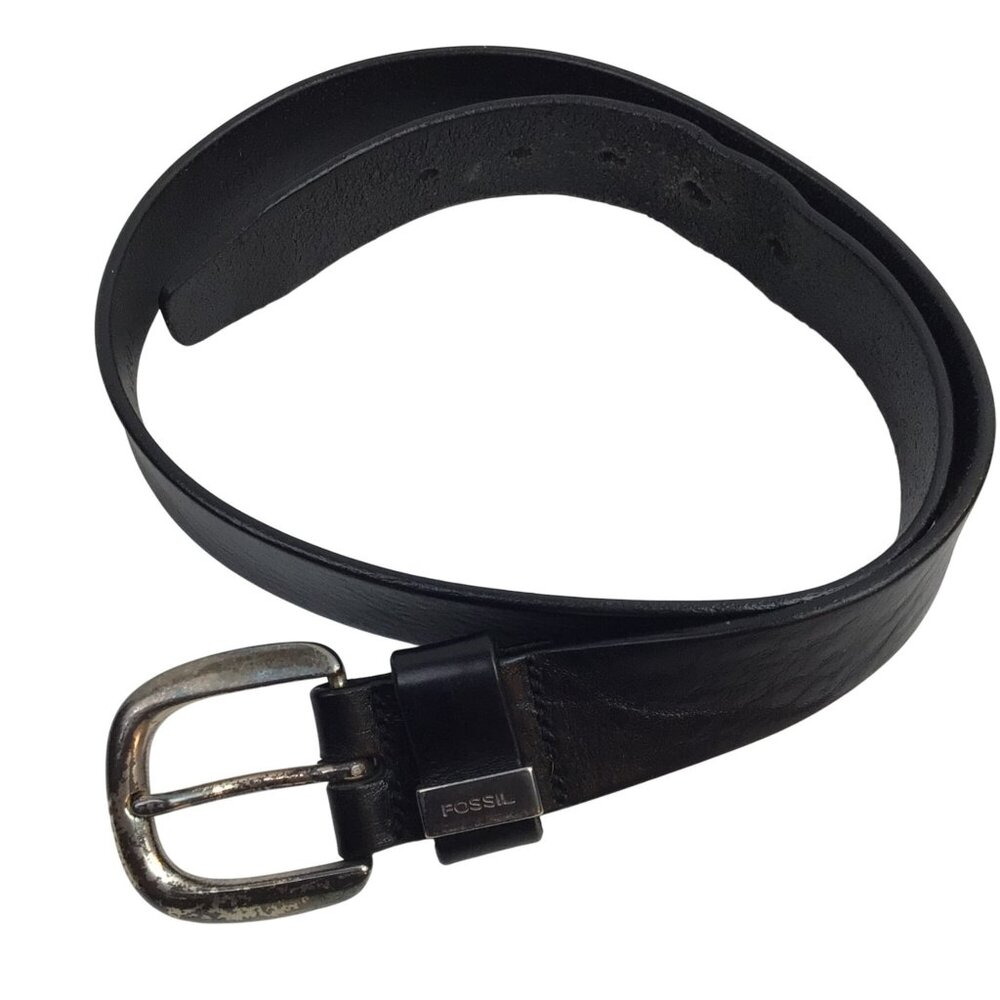 Fossil Black Soft Leather Belt With Distressed Silver Buckle Mens 32